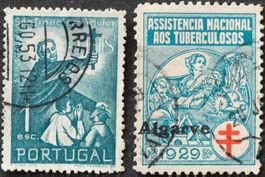 Portugal Briefmarken, 2 Stempel, blaue Farbe, vintage!
