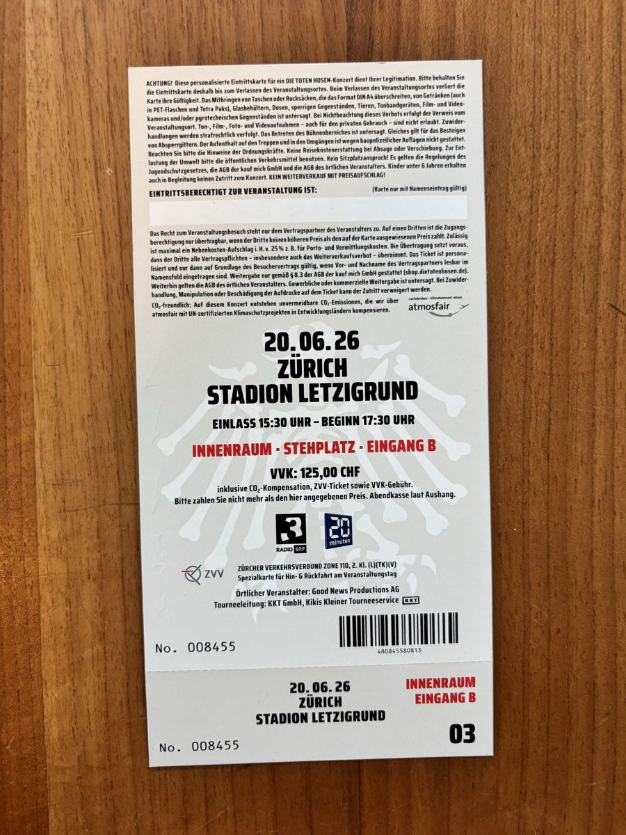 Biglietti: Toten Hosen Stehplatz 20.06.26!! – Nuovo e nell'imballaggio originale da Schönenberg ZH venduto da wasauchimmer 1