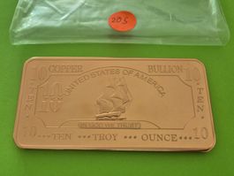 10 Unzen Kupferbarren 999 massiv (Segelschiff)