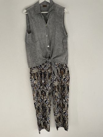 Sommerlicher LeinenBaumwolle 2teiler Grau-taupe gemustert 40