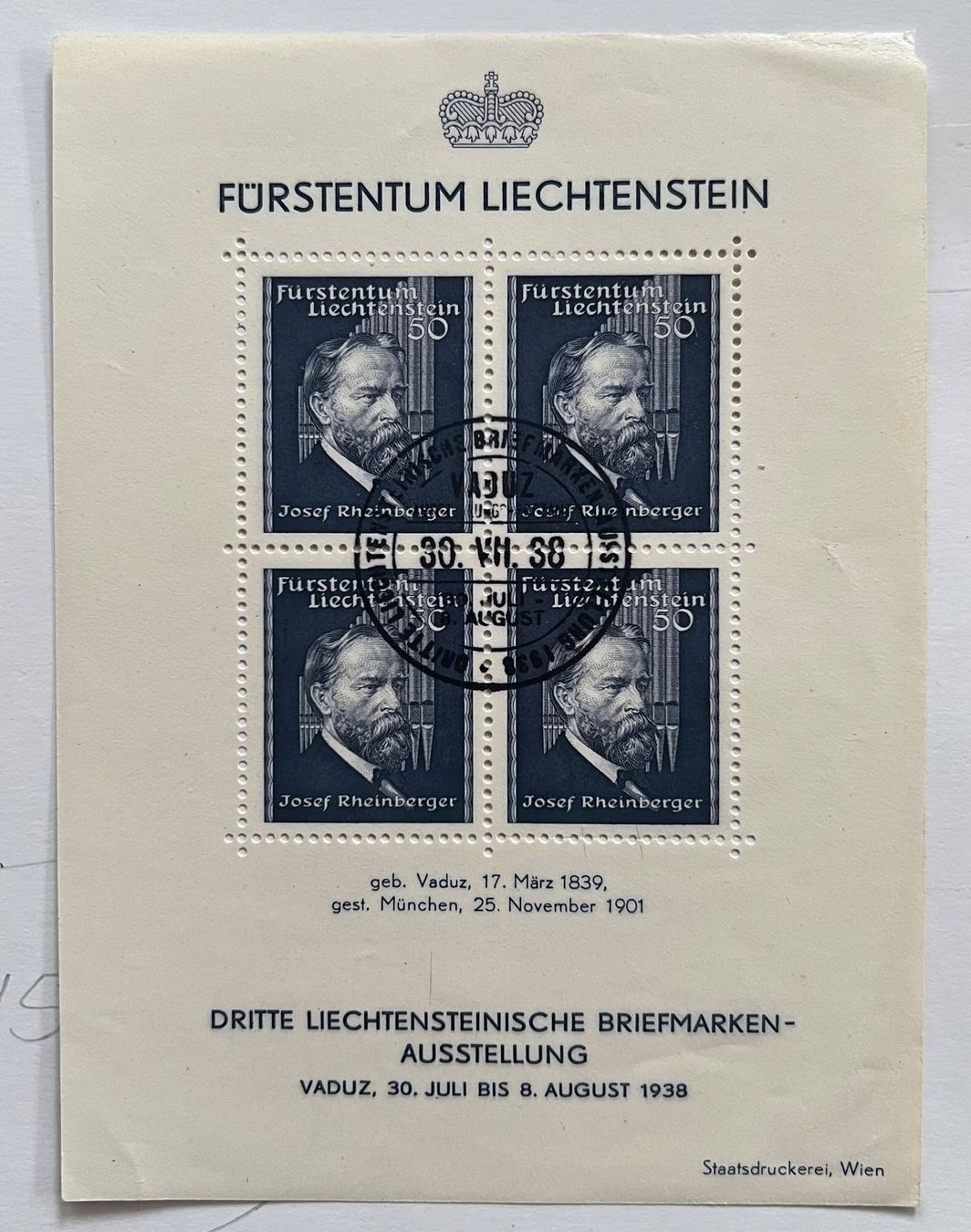 Tutti i francobolli: FL Block 3, 1938 gest. – Usato da Adliswil venduto da Myxin