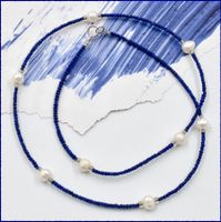 ♛ Zierlich zarte echte Lapislazuli Kette mit Perlen 925 Silb