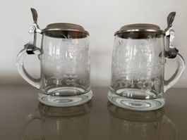 Schönes Paar Bierkrüge aus Glas mit Zinndeckel – Vintage Mat