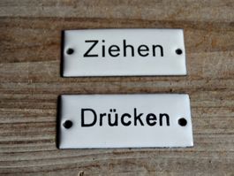 2x älteres Emailschild Türschild Ziehen Drücken Deko vintage
