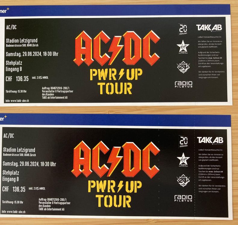 2 AC/DC-Tickets Stehplätze - Letzigrund Zürich 29.06.2024 (Neu (gemäss ...