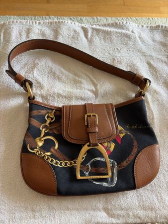Sac main Ralph Lauren toile imprimée cuir marron neuf