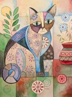 Original Aquarell "bunte Katze" naive Kunst Deko Bild