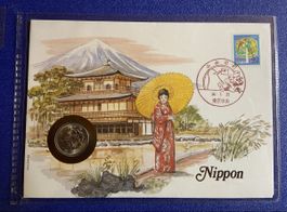 Carte postale Japon 1959 - Pièce et timbre