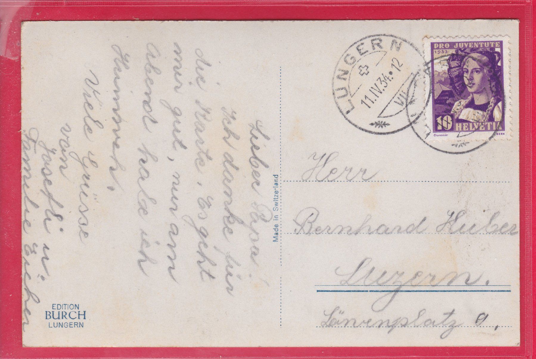 Cartoline postali: LUNGERN MIT WILERHORN, 11.4.1934 – Usato da Oberrieden venduto da Gebirgsstelze 1