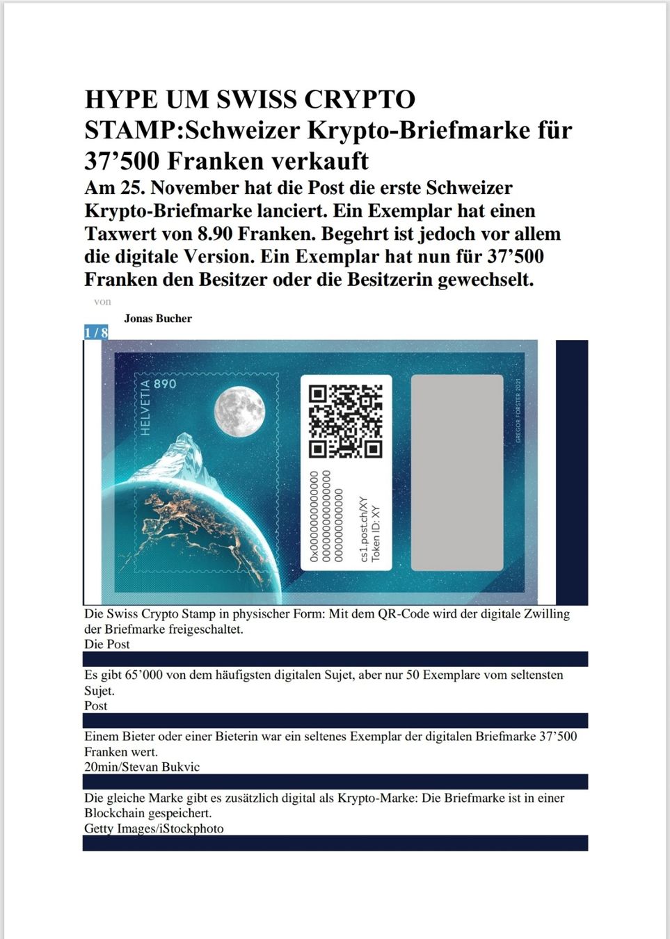 Tutti i francobolli: Swiss Crypto Stamp 1.0 - ID 03 – Nuovo (secondo la descrizione) da bäretswil venduto da Hunt.and.Collect 2