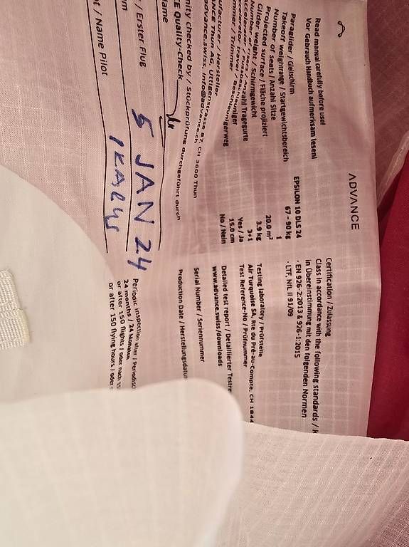 Vol libre: Epsilon 10 DLS 24  – D'occasion à Matzendorf par Flugschule-Jura 3