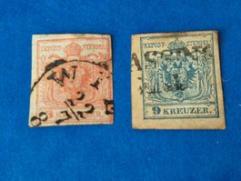 2 Österreichische Briefmarken 1850 3 + 9 Kreuzer gestempelt