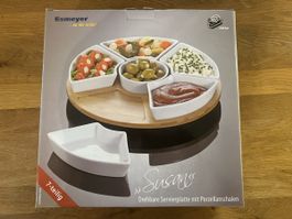 Drehbare Servierplatte mit 6 Porzellanschalen Ovp