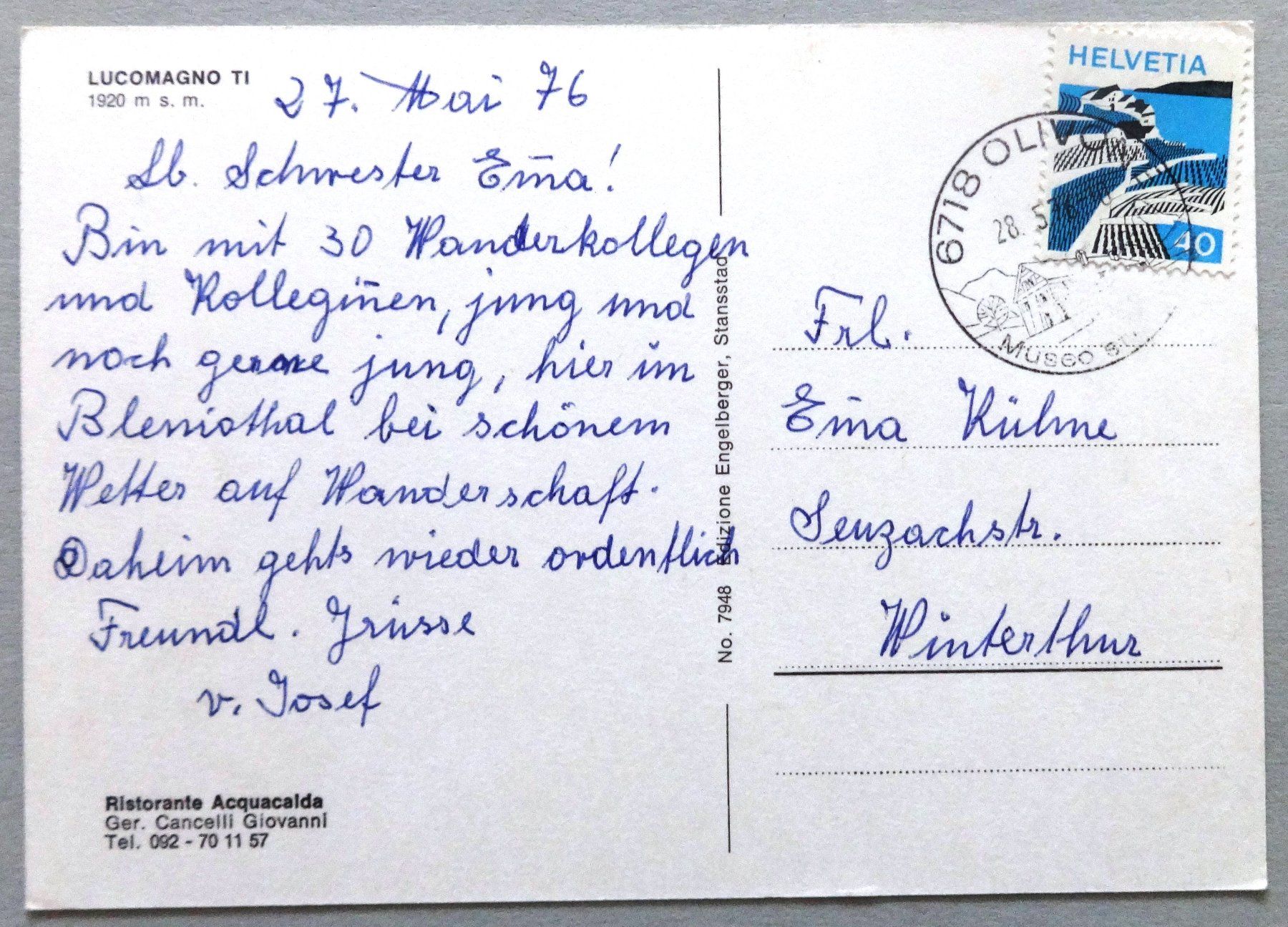 Ansichtskarten: Lucomagno TI, 1920 m s.m. – Gebraucht aus Fétigny von Billy2miny 1