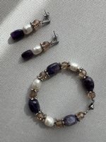Set: Amethyst Perlenarmband & Ohrringe, Handgemacht