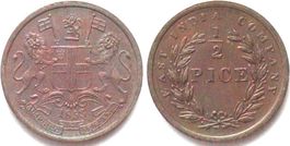 BRITISCH INDIEN 1/2 Pice 1853 Kupfer PRACHTSTÜCK! stgl