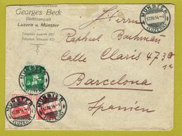 Brief 1914 gelaufen Münster Luzern nach Bercelona