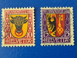 2 Pro Juventute Briefmarken gestempelt 1918 Satz Uri + Genf