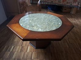 Antiker Oktagon Couchtisch / Beistelltisch Marmorplatte Holz