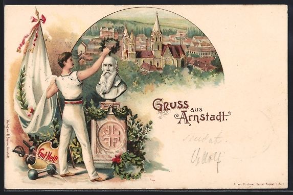Cartoline postali: Litho Arnstadt, Turner krönt eine Büst – Usato da Berlin venduto da bartko-reher