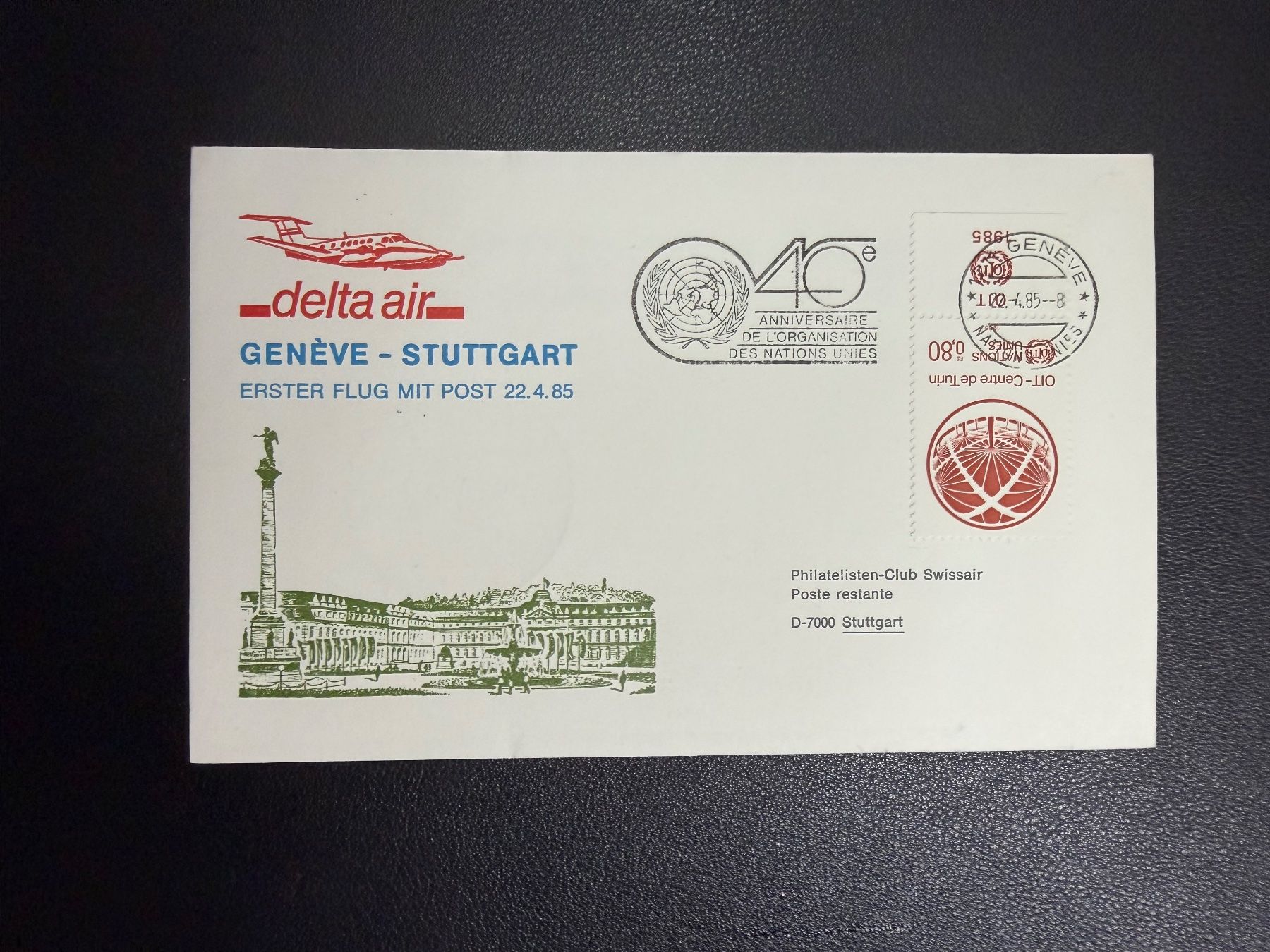 Tutti i francobolli: Delta Air Erstflugbrief Genf-Stuttgart ab UNO 1985 – Usato da oberrüti venduto da jeanmei