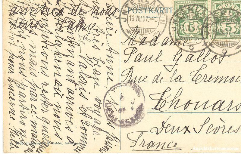 Cartoline postali: Interlaken - Jnterlaken Litho + 1907 – Usato da Emmenbrücke venduto da teestube 1