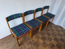 4x Vintage Holz Stühle Girsberger Karomuster Stoff 70er Jahr