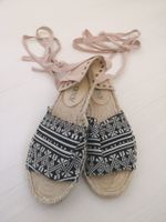 🤩 YAMAMAY ESPADRILLES SANDALEN SCHWARZ-WEISS MUSTER &BÄNDER