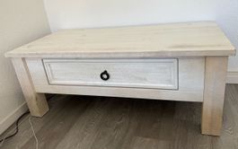 Table basse de salon, bois blanchi, avec tiroir