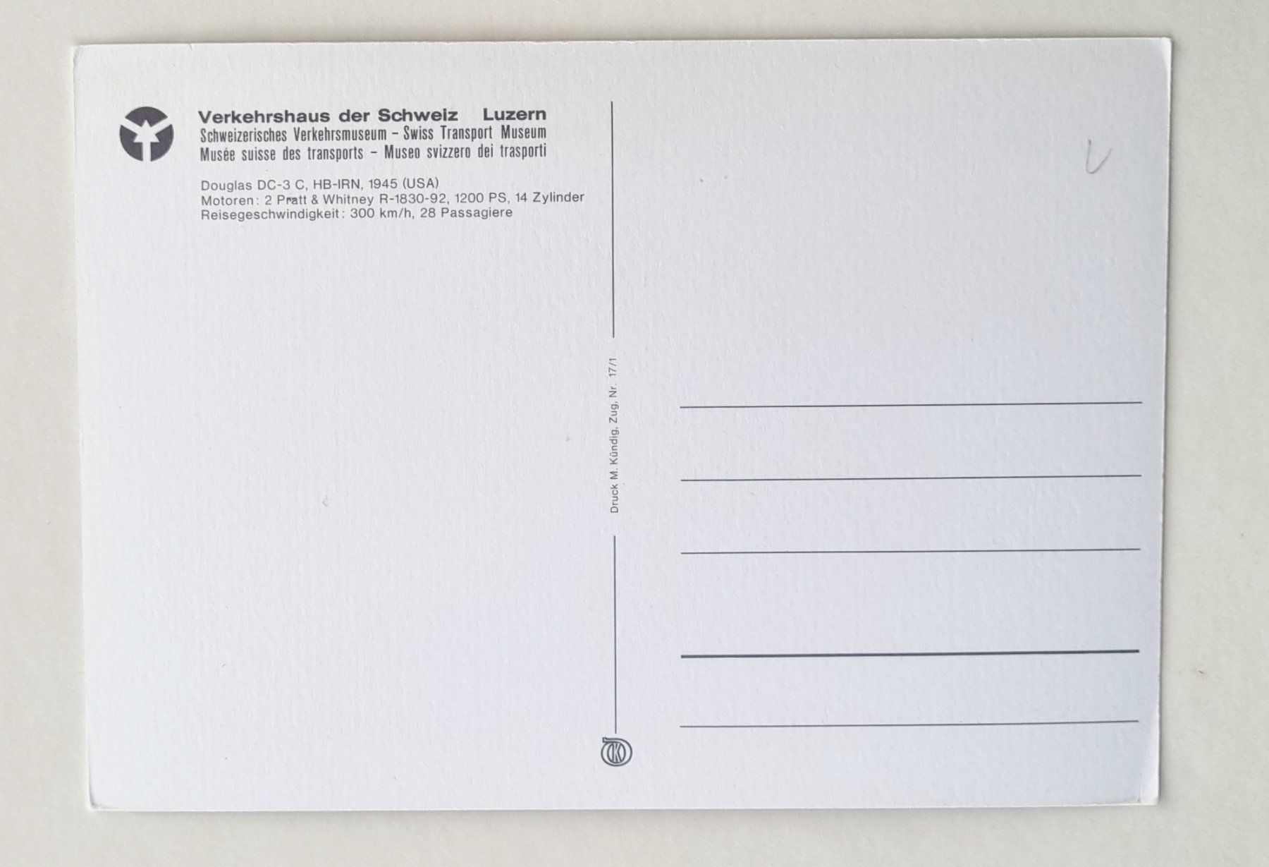 Cartoline postali: Douglas DC 3 - HB-IRN - 1945 – Usato da Rothrist venduto da RROENK 1