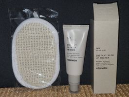 Nommon Instant Glow Up, Primer golden shimmer, loofah, glow