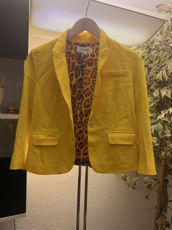 Blazer jaune OMNIN, taille M, doublure léopard, tendance!