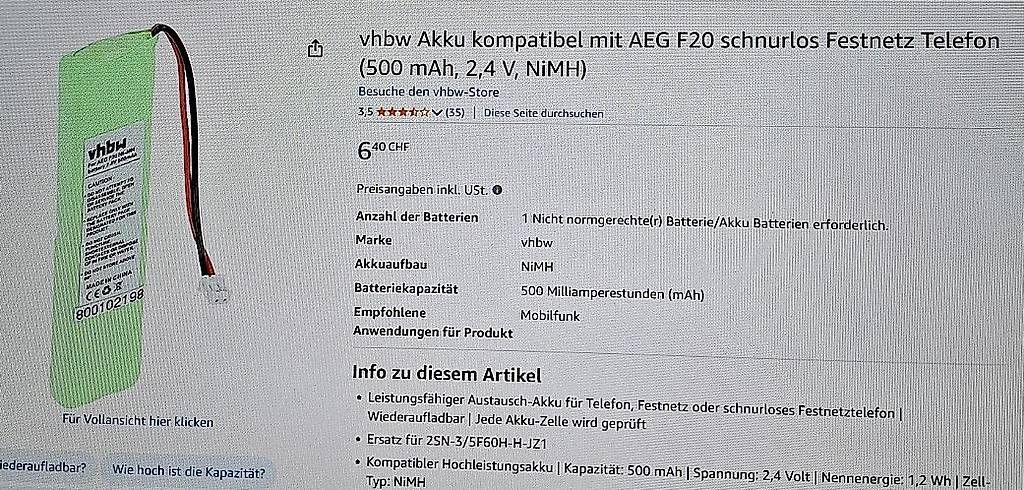 AEG Telefoni: Akku für Schnurlostelefon – Nuovo (secondo la descrizione) da Hünibach venduto da Fitzgerald1 1