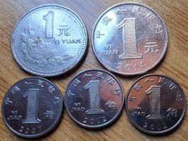 China 1 Jiao + 1 Yuan 1996/2014 - Lot 5 Stück!