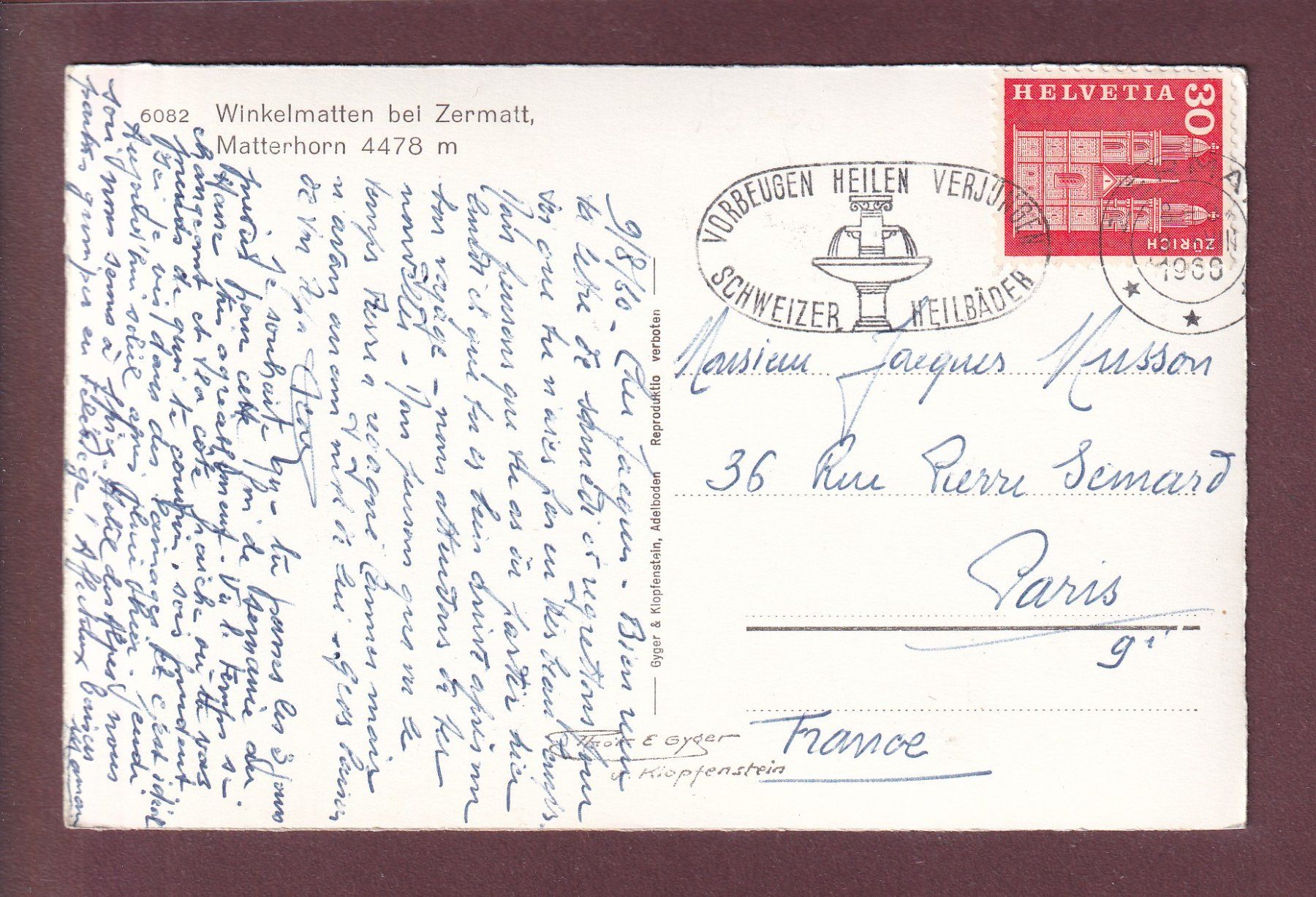 Ansichtskarten: WINKELMATTEN - Matterhorn - 1960 – Gebraucht aus Pully von nicecards 1