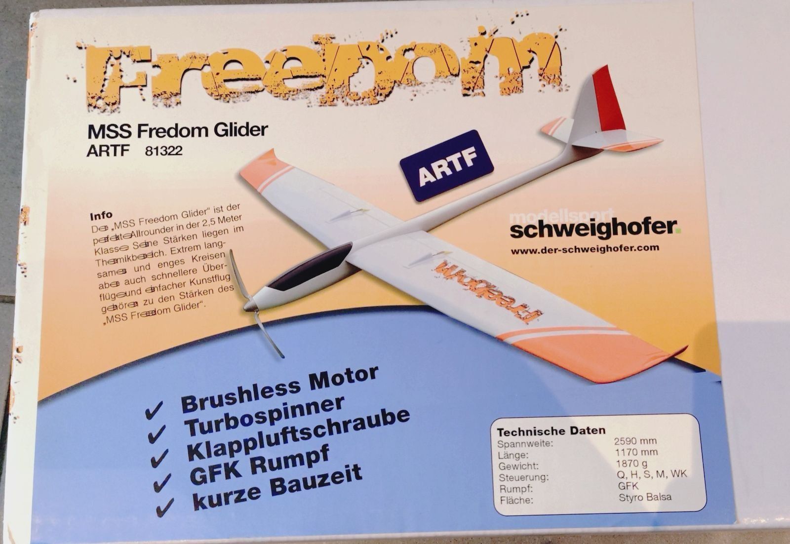 Modellismo RC: Schweigerhofer MSS Freedom Glider ARTF – Nuovo (secondo la descrizione) da Grüningen venduto da Stargazer