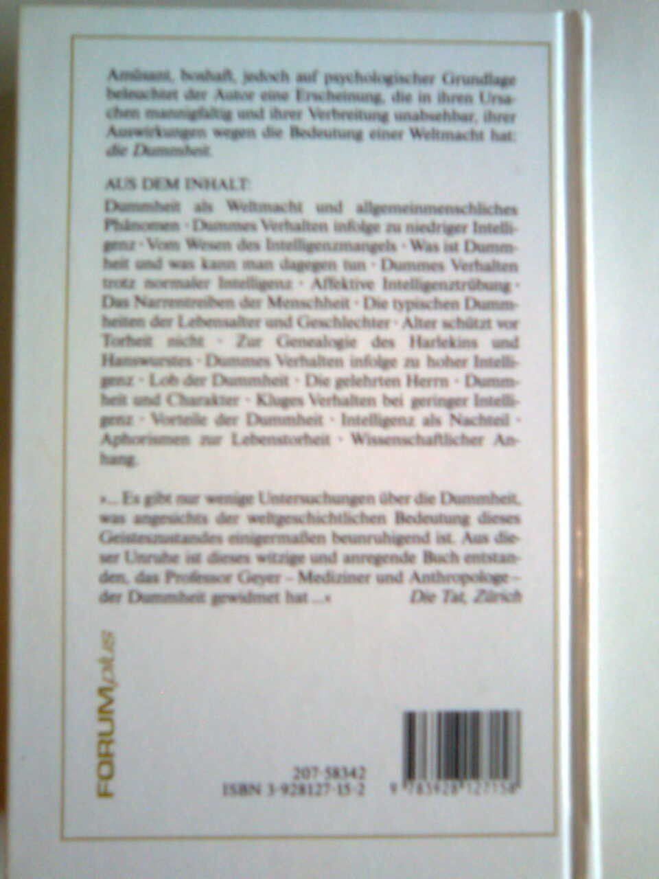 Libri: Horst Geyer Über die Dummheit. – Usato da Basel venduto da Alacant 2