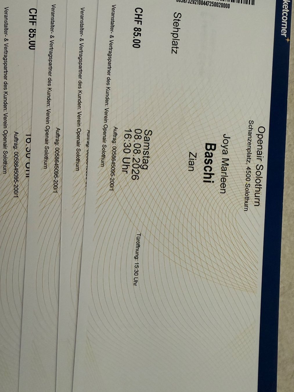 Billets: Tickets openair Solothurn. – D'occasion à Hubersdorf par fredy320 1