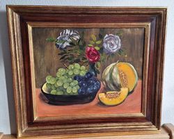 Gemälde, Stillleben mit Melone & Trauben, signiert.