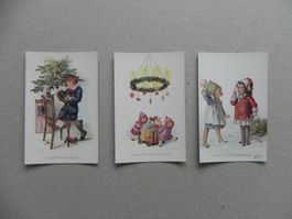 3 Weihnacht Karten Kinder Buch Hund Spielzeug Puppe ca. 1920