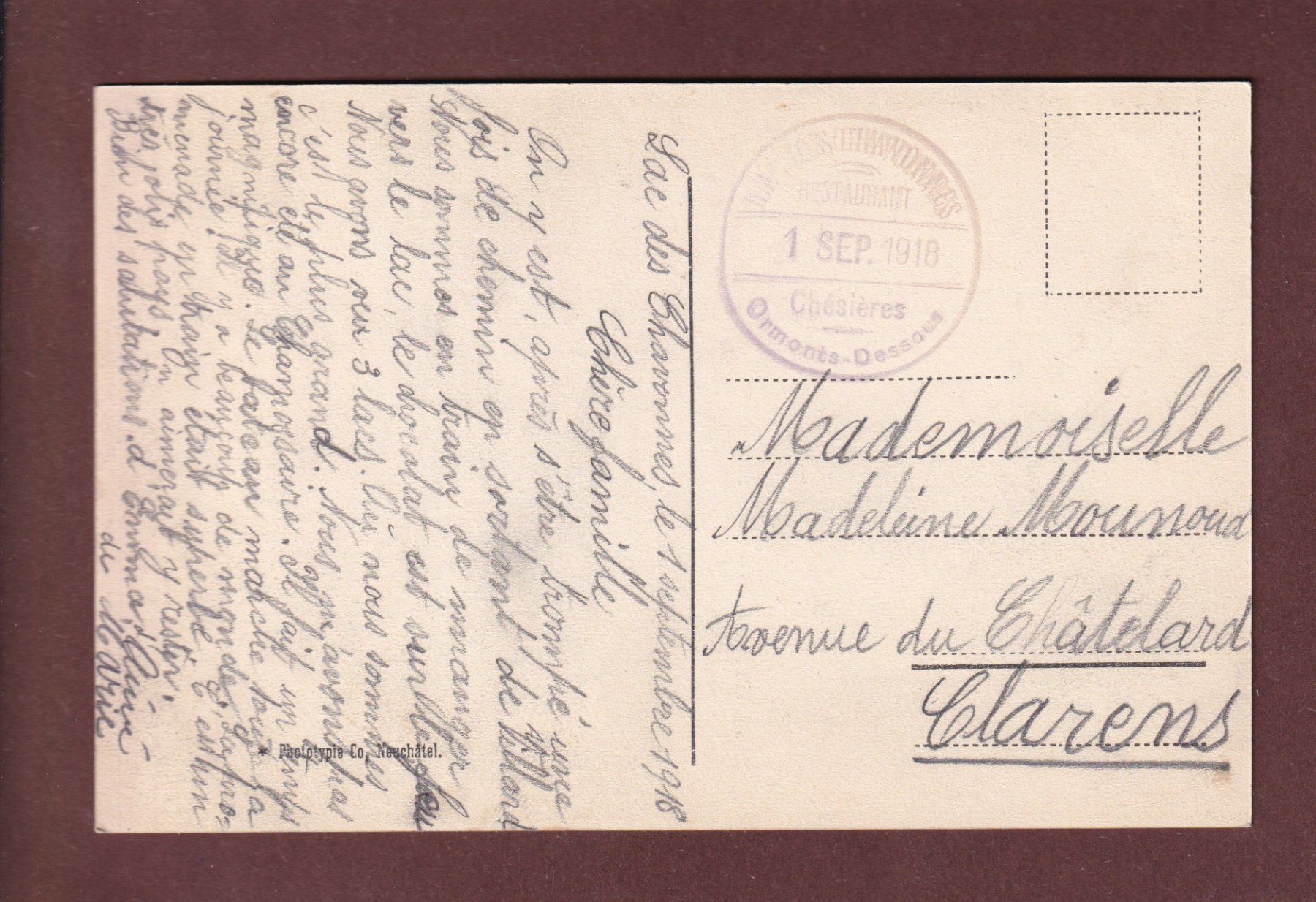 Cartoline postali: LAC DES CHAVONNES - 1918 – Usato da Pully venduto da nicecards-shop 1