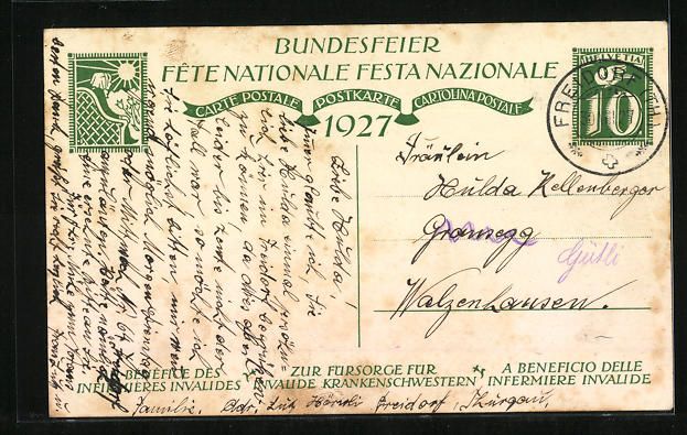Cartoline postali: Schweizer Bundesfeier 1927, Krankenschwe – Usato da Berlin venduto da bartko-reher 1