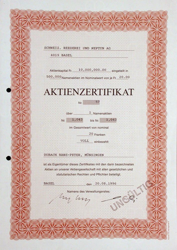 Documenti: Schweizerische Reederei & Neptun AG Basel - 1996 – Usato da Solothurn venduto da Sgasche