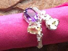 Blume Citrin Amethyst 925 Silber Ring Gr. 60 Bague Argent 9
