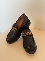 Black Leather Loafers with Gold Detail - Size 38