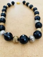 🟢Collier artisanal perles noires et dorées unique Halzkette