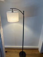 Arc Floor Lamp Black Matt with Linen Drum Shade, Dimmeable