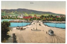 AK Zürich Bellevue und Quaibrücke mit Tram + Pferdefuhrwerk