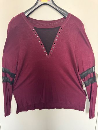 Damen Langarmbluse Weinrot-Lila,Gr.XXL = 134 cm,Mesh-Einsatz