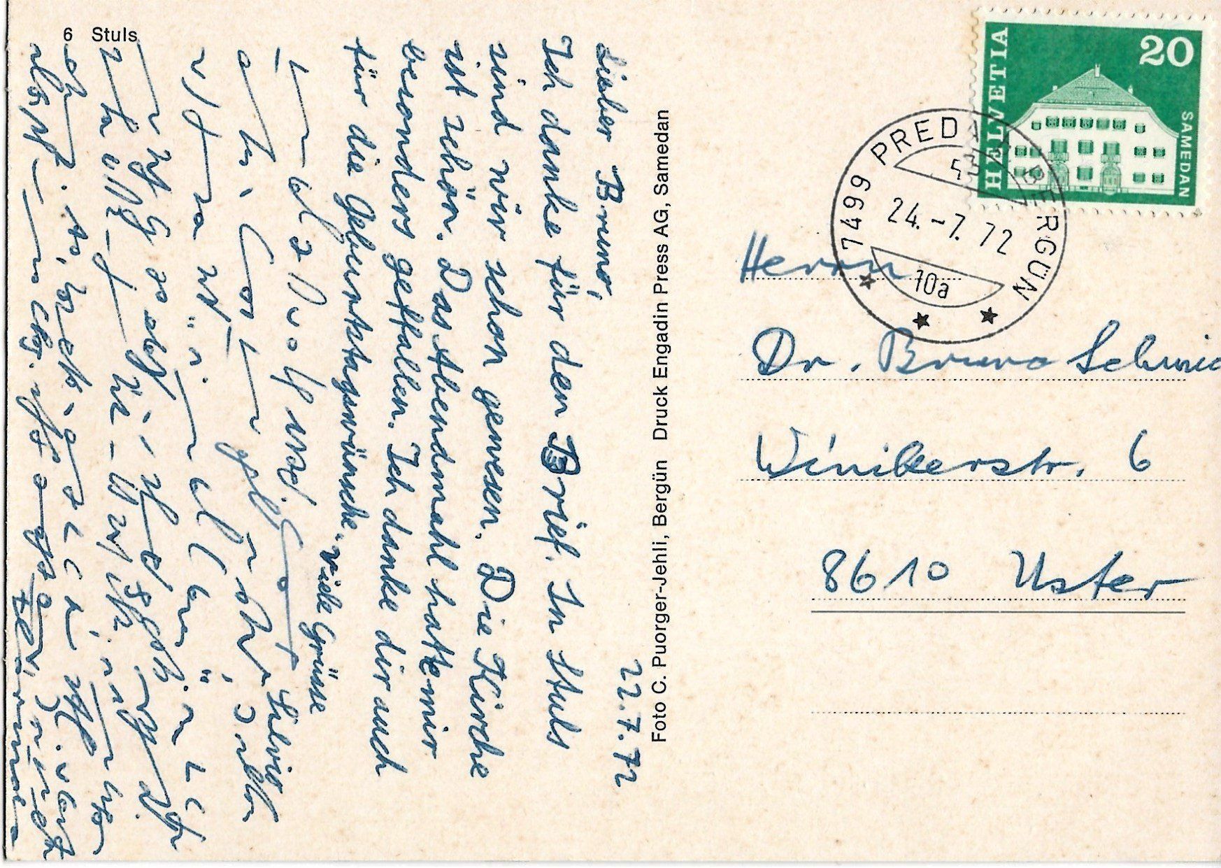 Ansichtskarten: Stuls, Preda, 1972 – Gebraucht aus Frauenfeld von Merk52 1